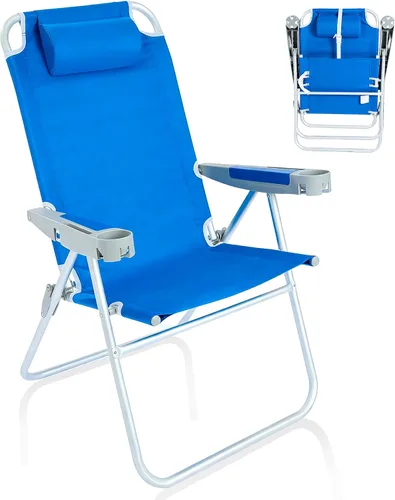 Vista 15 de SUNNYFEEL Silla de playa alta para adultos, sillas plegables de asiento Azul