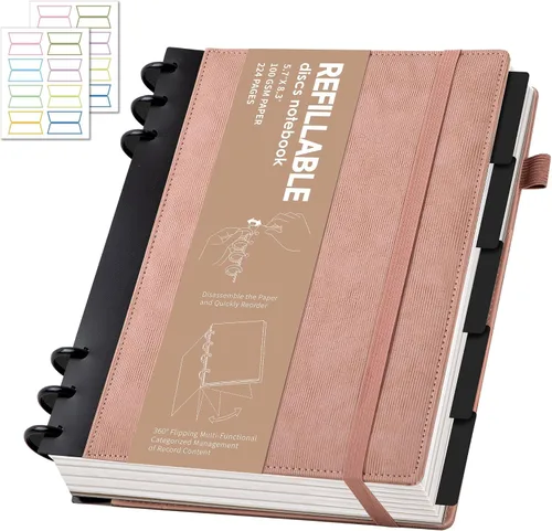 Vista 19 de Yoment - Cuaderno de diario de cuero para trabajo, recargable, 224 páginas, 100 GSM, papel grueso, cuaderno de 5 materias con separadores y pestañas