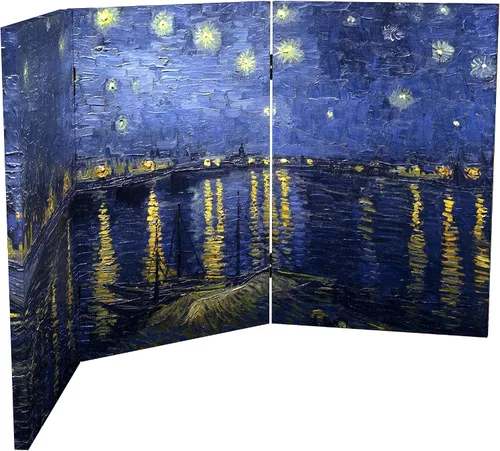 Vista 6 de Red Lantern Van Gogh - Pantalla plegable de lona corta de doble cara de 2 pies – lirios/noche estrellada sobre el Ródano 3 paneles independiente
