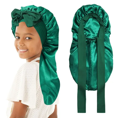 Vista 11 de Gorro de pelo largo para niños para dormir - Gorro de satén elástico de doble capa para niñas con banda de amarre para cabello trenzado y rizado