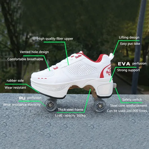 Vista 4 de Zapatos de patinaje convertibles para hombres y mujeres, zapatos de paseo automáticos para niños y adultos, patines con doble fila de ruedas, ruedas