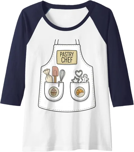 Vista 4 de Pastry Chef Funny Baker Baking Patisserie Apron Costume Raglan Baseball Tee