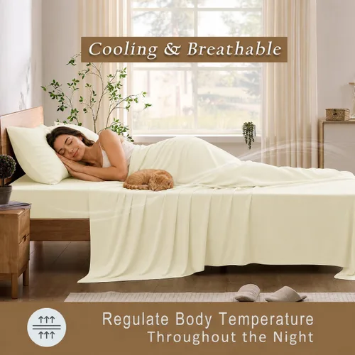 Vista 4 de TOSMO Juego de sábanas de lujo refrescantes - 100% viscosa de bambú, juego de ropa de cama de 4 piezas (tamaño King) - bolsillos extra profundos