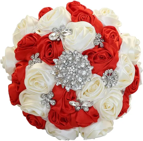 Vista 10 de Sharebeauty Ramo de novia de satén hecho a mano de 7.9 pulgadas, ramo de boda, ramo de flores artificiales