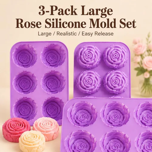Vista 2 de Juego de moldes de jabón de rosas grandes (paquete de 3), molde de silicona para hacer jabón hecho a mano, velas, chocolate, hornear y manualidades