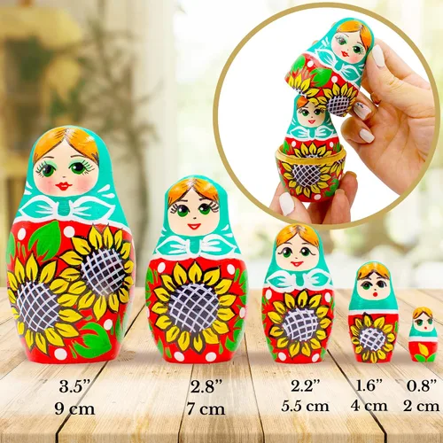Vista 3 de AEVVV Juego de 5 muñecas rusas de anidación - Muñeca rusa con decoraciones de girasol - Muñeca Matryoshka - Decoración para el hogar - Regalos