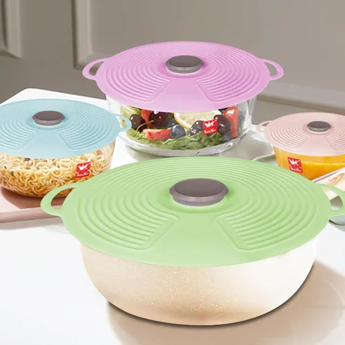 Vista 7 de Paquete de 5 tapas de silicona para cuencos, cubierta de salpicaduras de microondas, 5 tamaños, tapas de succión reutilizables resistentes al calor