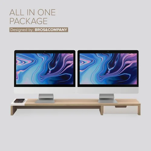 Vista 7 de POUT Soporte para monitor doble E9 con cajón, cargador inalámbrico y concentrador USB (negro oscuro)
