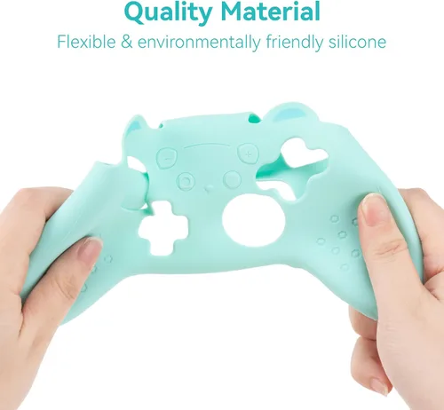 Vista 3 de GeekShare Funda protectora de silicona antideslizante para Nintendo Switch Pro Controller con 2 tapas de agarre para pulgar y 1 pegatina, color cian