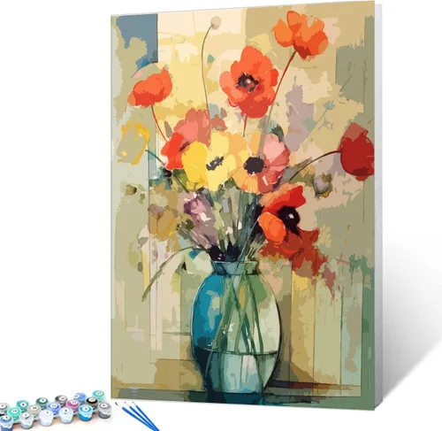 Vista 20 de Tucocoo Kit de pintura de margaritas coloridas por números con pinceles y pigmento acrílico sobre lienzo para adultos, hermoso proyecto