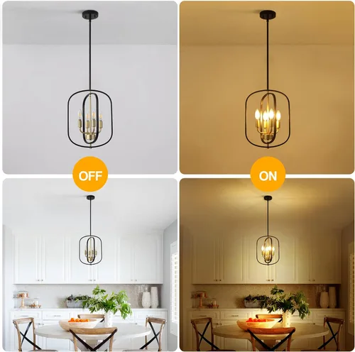 Vista 5 de ACNKTZ Candelabro pequeño negro y dorado para vestíbulo, lámpara colgante geométrica de metal de 4 luces para entrada, iluminación colgante moderna
