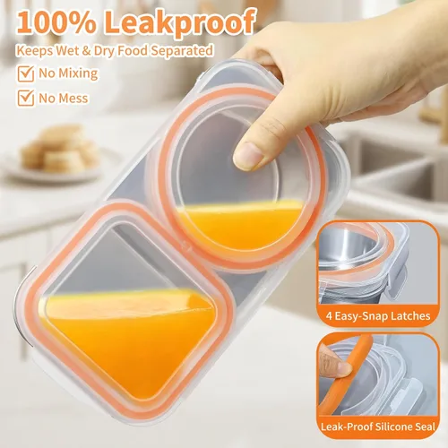 Vista 3 de Recipientes de acero inoxidable con tapa, contenedores reutilizables de 2 compartimentos para aperitivos a prueba de fugas, contenedor