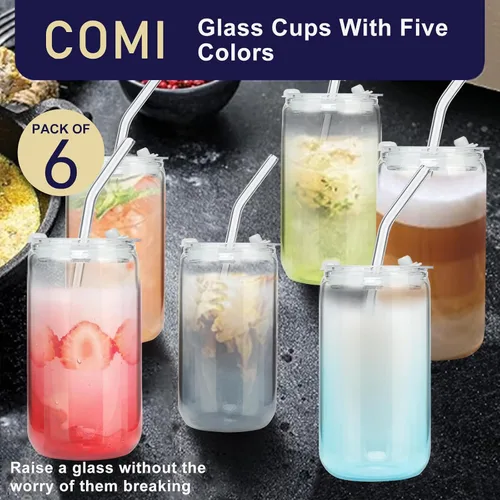 Vista 12 de COMI 6 piezas de vasos de vidrio con tapas y pajitas, vaso de vidrio para café helado, vasos de beber con dos cepillos de limpieza, juego de vasos