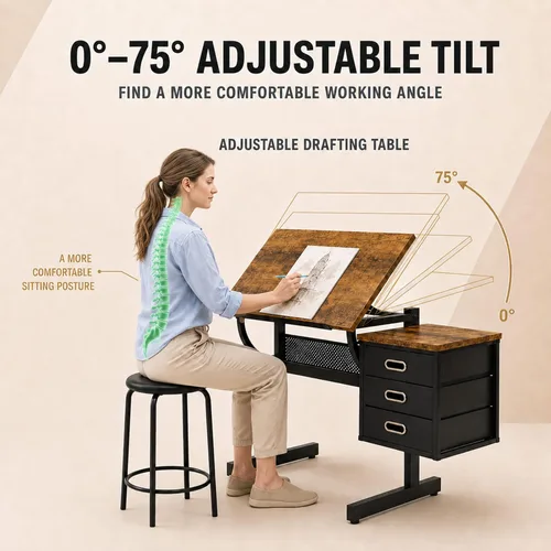 Vista 3 de Mesa de dibujo ajustable con 3 cajones y taburete, color negro sólido