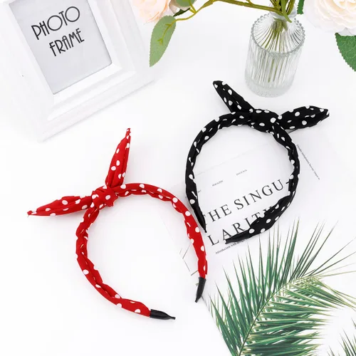 Vista 7 de TOBATOBA Diademas de lazo para mujeres y niñas, paquete de 2 diademas de lunares, lindas orejas de conejo, accesorios para el cabello, rojo y negro