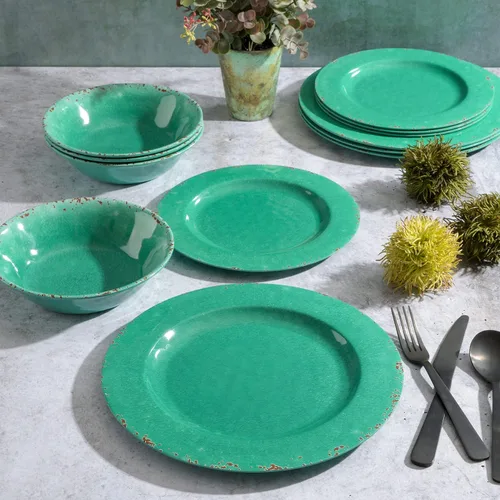 Vista 5 de Gibson Home Mauna - Juego de vajilla de melamina, servicio para 4 personas (12 piezas), color verde