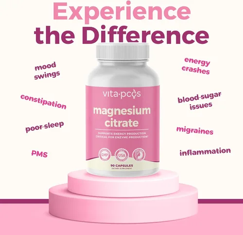 Vista 6 de VITA-PCOS Cápsulas de citrato de magnesio para mujeres 198.5 mg – Suplemento de magnesio puro de alta absorción para energía, estables de ánimo