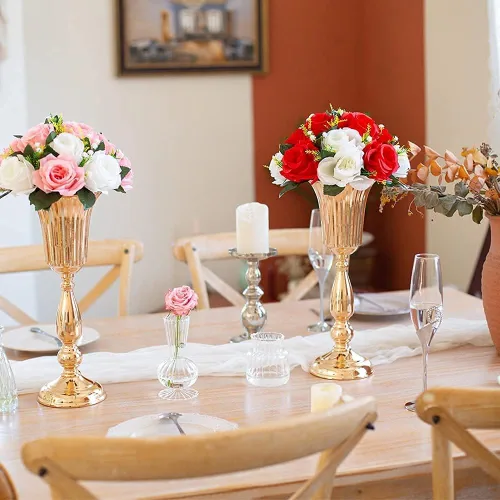 Vista 2 de 10 piezas de jarrón dorado para centro de mesa, soporte de metal para flores, decoraciones de boda para recepción, jarrón de trompeta de 15.6