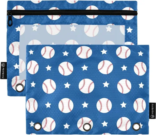 Vista 18 de Estuche de béisbol blanco para lápices de 3 anillas, paquete de 2 carpetas para lápices, estuche transparente con cremallera, bolsa de cosméticos