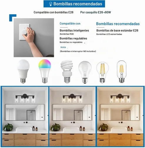 Vista 7 de Lámpara de tocador de baño de 4 luces, lámparas de baño negro mate con pantalla de vidrio transparente, 4 luces de tocador, accesorios