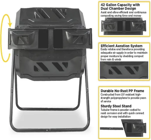 Vista 5 de MaxWorks Vaso de compostaje de doble cámara, compostador giratorio para exteriores con ventilación de aireación, tambor de polipropileno resistente
