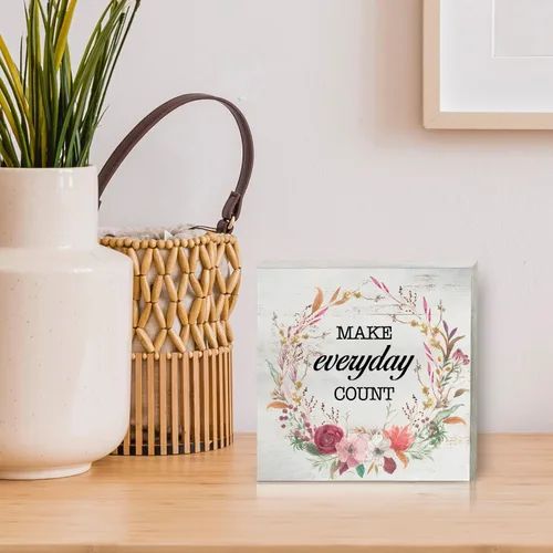 Vista 5 de Caja inspiradora de madera con texto en inglés "Make Everyday Count", decoración rústica con frase motivacional, con texto en inglés, caja