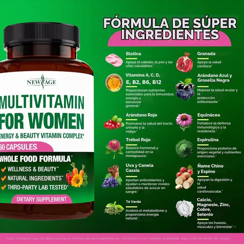 Vista 2 de NEW AGE Multivitamínico para mujer, complejo B, alimentos integrales, soporte para el cabello, hierro, multivitamínico todo en 1 para mujer