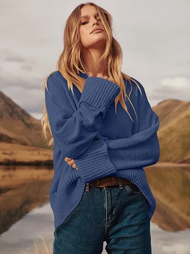 Vista 21 de LOGENE Suéter de gran tamaño para mujer, cuello redondo, manga larga, suave, mullido, suéter de punto 2025 para otoño e invierno