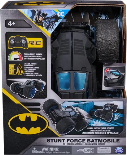 Vista 2 de DC Comics, Batman Stunt Force Batmobile, auto de control remoto para interiores, Turbo Boost y trucos locos, juguetes coleccionables de superhéroes