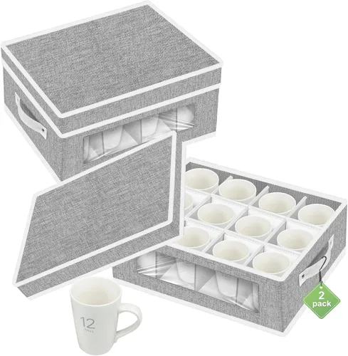 Vista 11 de homyfort Paquete de 2 cajas de almacenamiento de tazas con divisores, contenedores de almacenamiento de tazas de China, organizador de carcasa dura