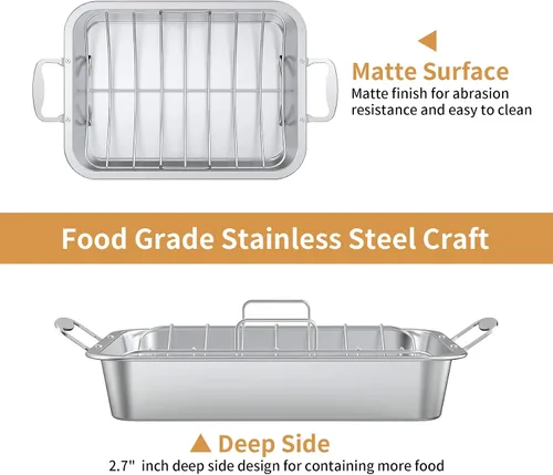 Vista 3 de Skyflame - Asador de acero inoxidable con estante para Turquía Roaster Pan with Nonstick U-Rack, Large Capacity, Indoor/Outdoor Oven Cooking