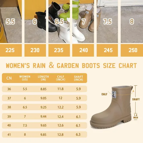 Vista 7 de Botas de lluvia para mujer, botas de jardín impermeables, botas de lluvia cortas, cómodas, ligeras, al tobillo, zapatos de lluvia con plataforma