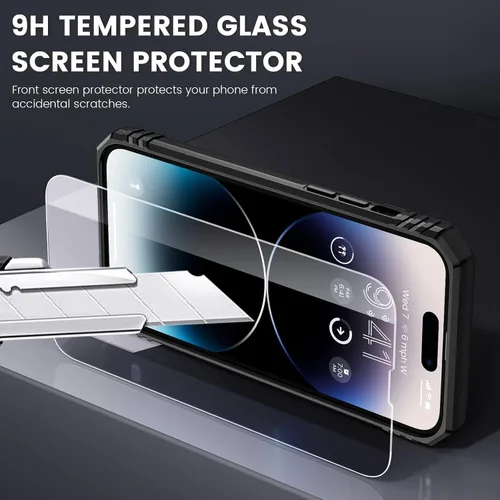 Vista 5 de Maxdara Funda para iPhone 14 Pro Max, con cubierta deslizante para cámara y soporte giratorio de 360° integrado y protector de pantalla de vidrio