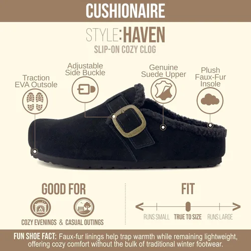 Vista 4 de CUSHIONAIRE Haven - Zuecos de cuero genuino para mujer, zapatos sin cordones con forro de piel sintética con plantilla de corcho y hebilla ajustable