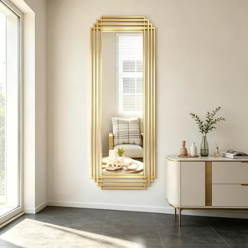 Vista 21 de Espejo de pared rectangular decorativo de 24 x 18 pulgadas con marco de metal negro Geometric Design, HD Mirror, Horizontal/Vertical Hanging, Art