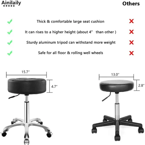 Vista 4 de Ainilaily Taburete con ruedas, cojín grueso resistente para esteticista, silla hidráulica para trabajo, médico, tatuaje, sala de oficina, (negro)