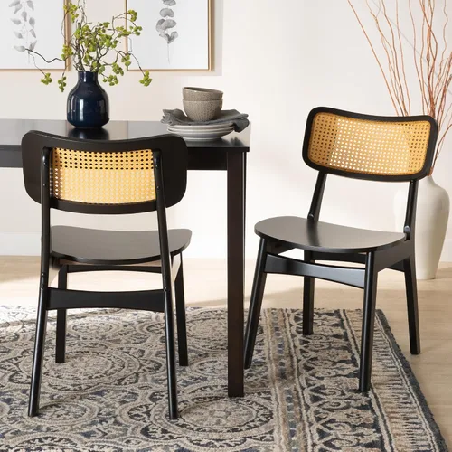 Vista 2 de Baxton Studio Tafari Mid-Century - Juego de sillas de comedor de 2 piezas con acabado marrón oscuro y ratán