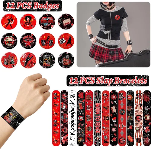 Vista 4 de Recuerdos de fiesta de Rock and Roll, decoraciones de suministros de estrella de rock incluye 12 llaveros, 12 insignias, 12 pulseras, 12 bolsas, 12