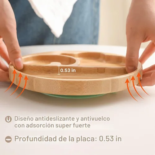 Vista 5 de Placas de succión para bebés y niños pequeños, platos de alimentación divididos de bambú con tenedor y cuchara de silicona, platos de comida