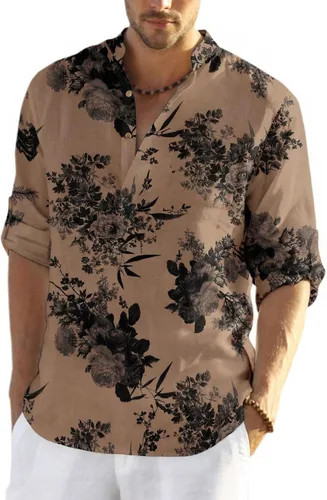 Vista 11 de COOFANDY Camiseta Henley de algodón y lino para hombre, de manga larga, estilo hippie, casual, playera