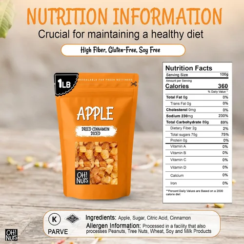 Vista 2 de Oh! Nuts Manzana seca canela cortada en cubitos, fruta seca endulzada