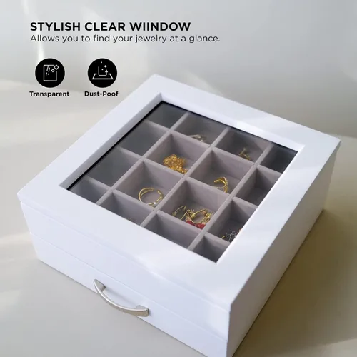 Vista 4 de JEWLBOXER Organizador de joyas Joyero de madera con parte superior de cristal para mujer, caja de regalo, pulseras, anillo, collar y organizador