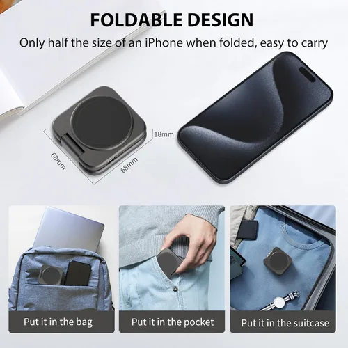 Vista 4 de KUXIU - Mini cargador inalámbrico plegable 2 en 1 para Apple, estación de carga magnética de aleación de aluminio compatible con iPhone