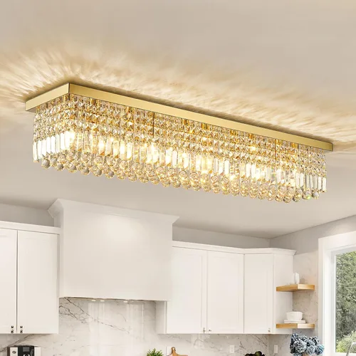 Vista 14 de Siljoy Candelabro de Cristal Moderno de 6 Luces Rectangular Dorado K9 Candelabro de Cristal en Forma de Gota de Lluvia para Comedor, Lámpara