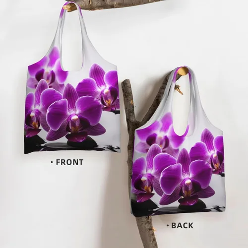 Vista 4 de Bolsas de lona con estampado de orquídeas y mariposas moradas, bolsa de playa grande, bolsa de lona para el hombro, bolsas de compras reutilizables