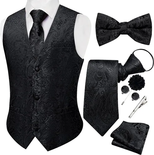 Vista 12 de DiBanGu Conjunto de chaleco de traje de cachemira y corbata preatada para Dorado y Negro
