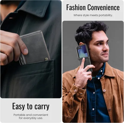 Vista 6 de Funda tipo cartera para Samsung Galaxy Z Flip 7 de piel con tarjetero y función atril, cierre magnético, bloqueo RFID, TPU a prueba de golpes Negro