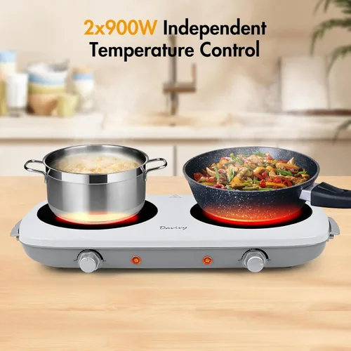 Vista 5 de Davivy Placa eléctrica de doble quemador, estufa eléctrica portátil de 1800 W (2 x 900 W), placa de cocina de 2 quemadores con vidrio de cerámica