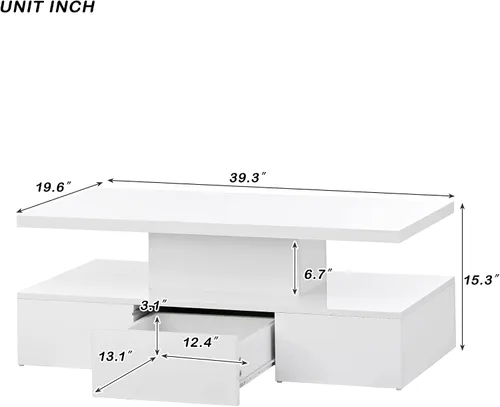 Vista 2 de LUMISOL Mesa de centro brillante con cajón de almacenamiento y luz LED, mesa central rectangular de 2 niveles, color blanco