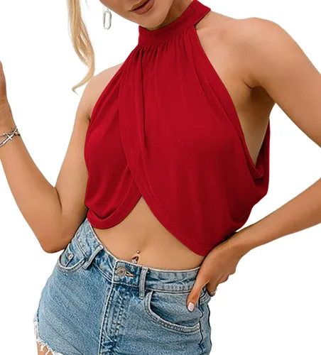 Vista 3 de LYANER Top corto sin mangas con cuello halter y espalda descubierta sexy para mujer